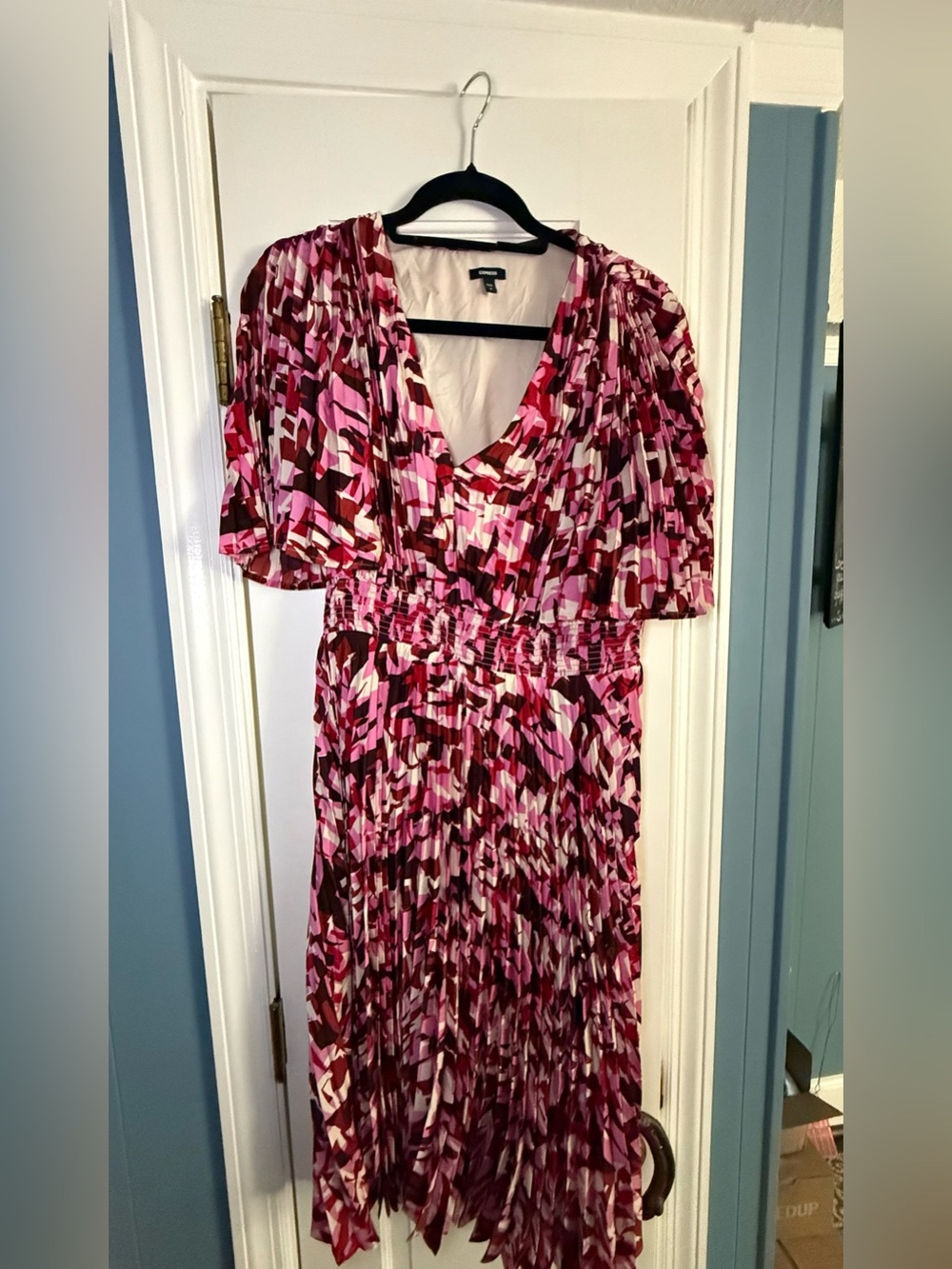Express Pink & Magenta Abstract V-Neck Midi Dress